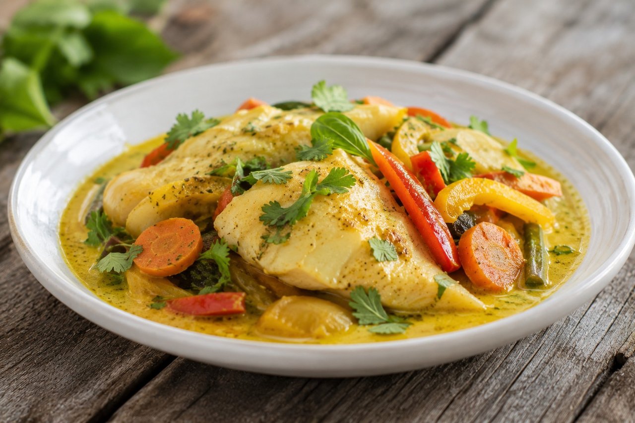 fish and vegetables braised in a fresh homemade curry paste and coconut milk