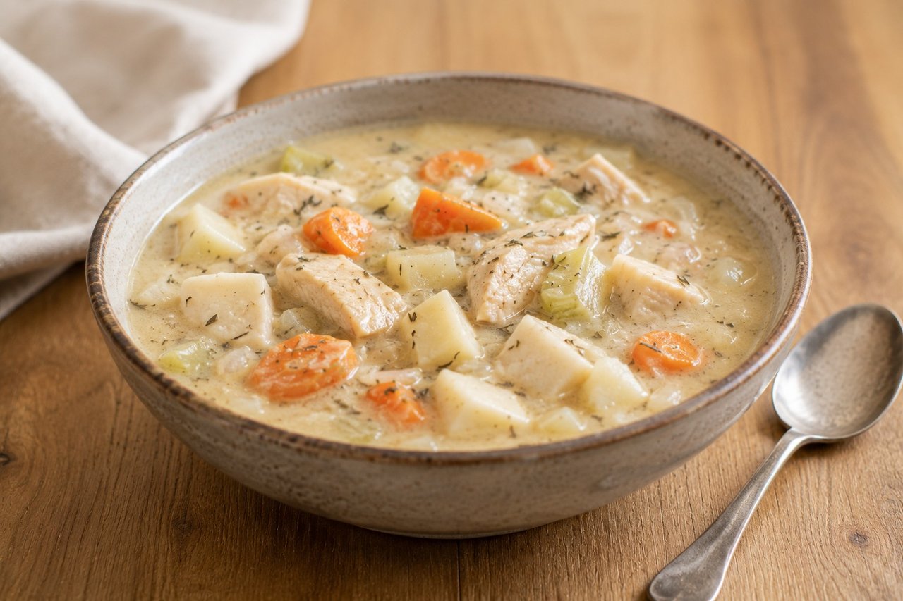 chicken and root vegetable soup in a coconut milk and bone broth base, thickened with arrowroot
