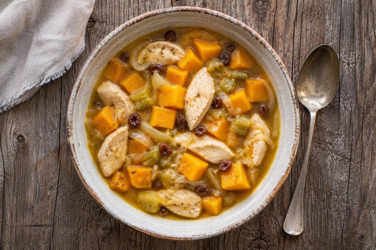 AIP fruited chicken stew with butternut squash, apple juice, and raisins