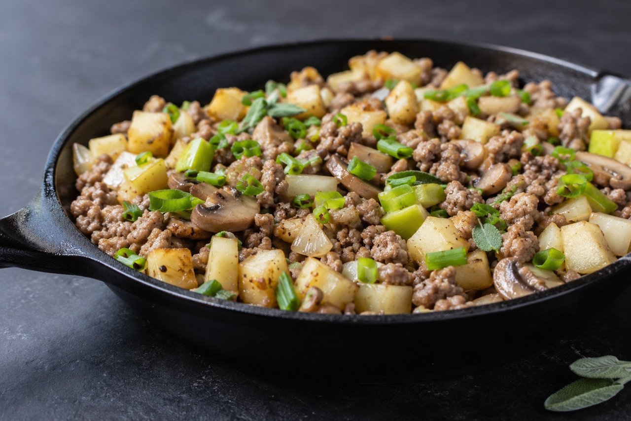 AIP apple-sage pork breakfast skillet with white sweet potato and mushrooms