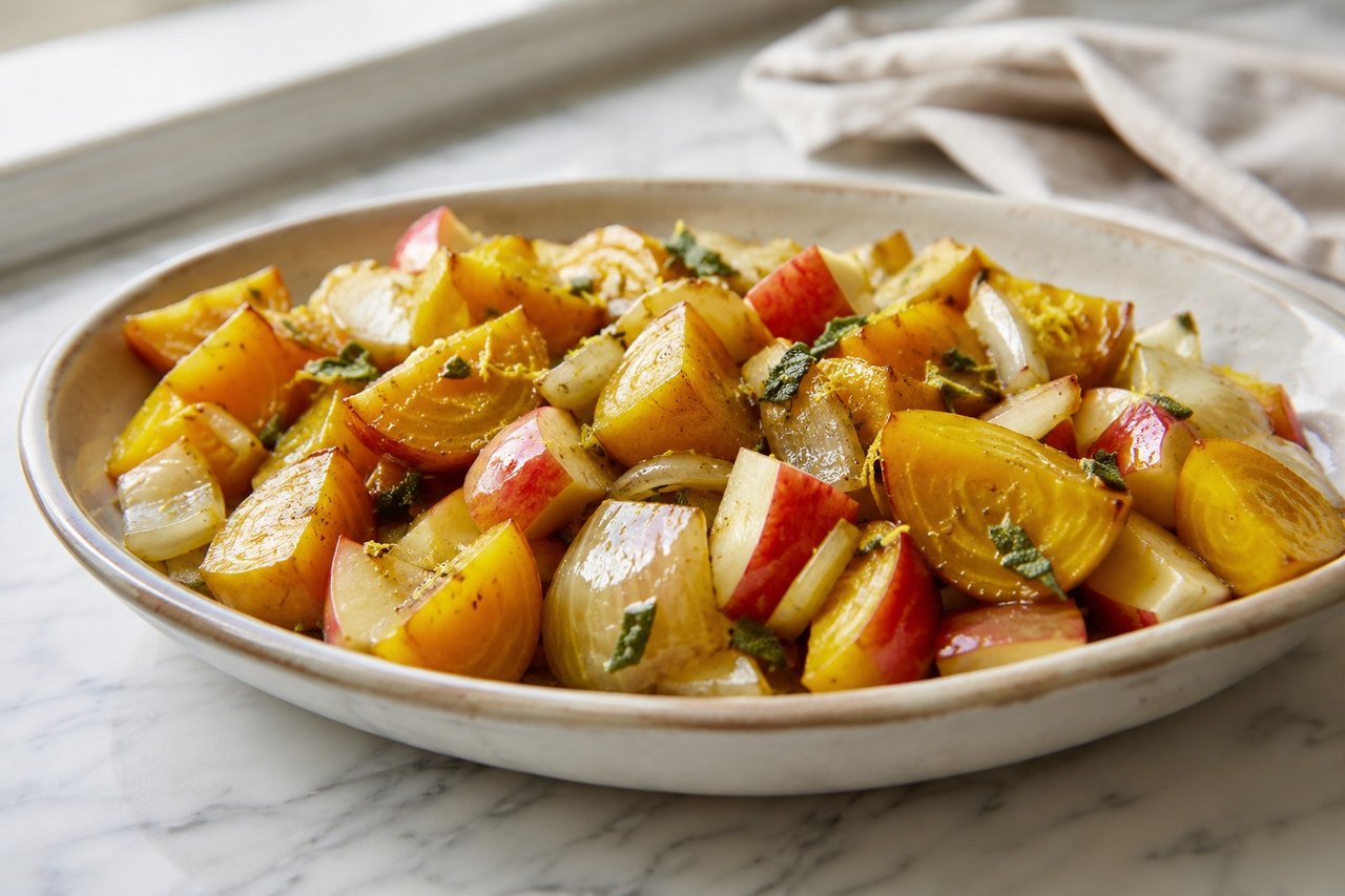 AIP roasted golden beets with apple, sage, and a coconut-butter lemon dressing