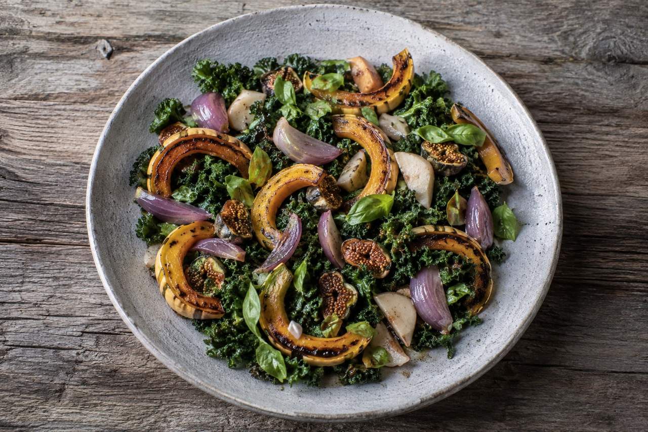 AIP roasted delicata squash and kale salad with figs and a basil-balsamic dressing