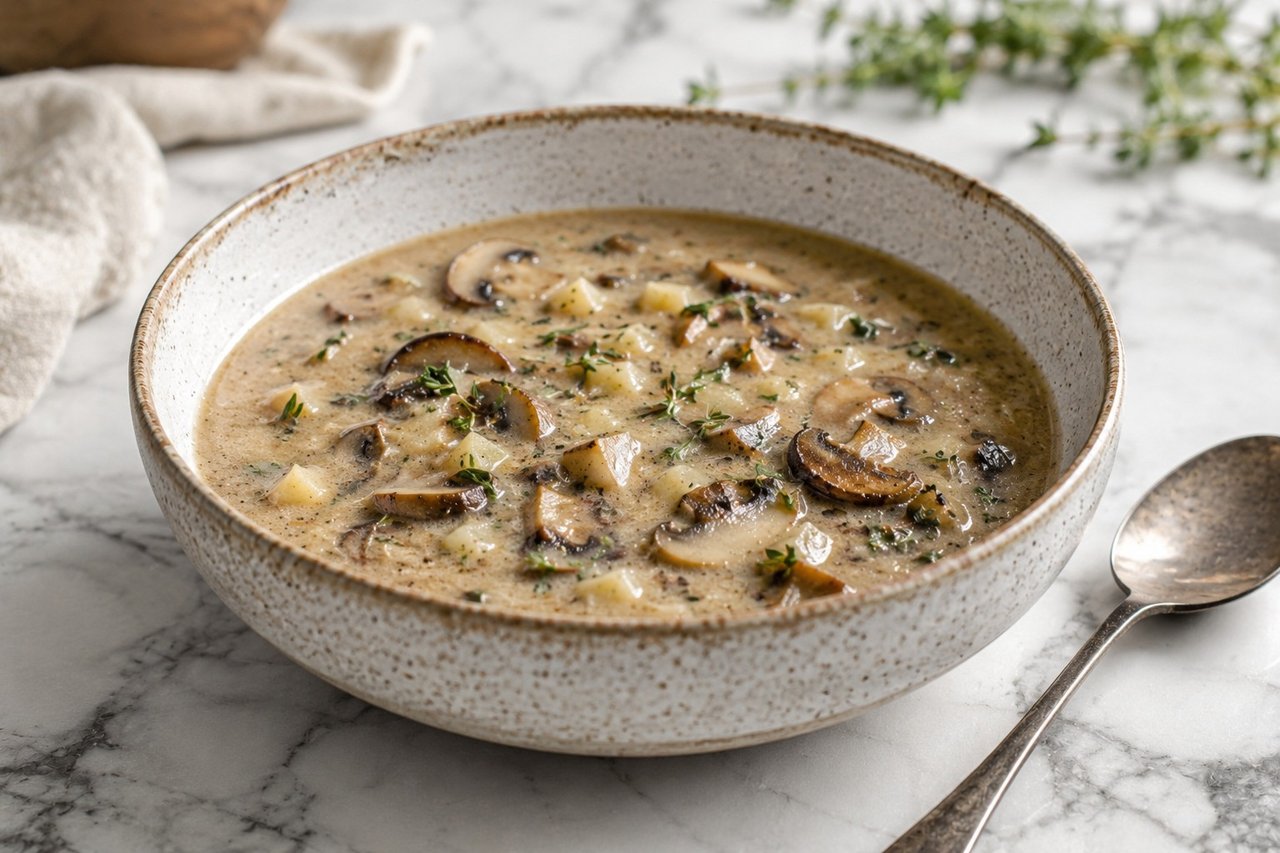 AIP cream of mushroom soup built on a coconut milk base, thickened with an arrowroot slurry, no dairy and no flour