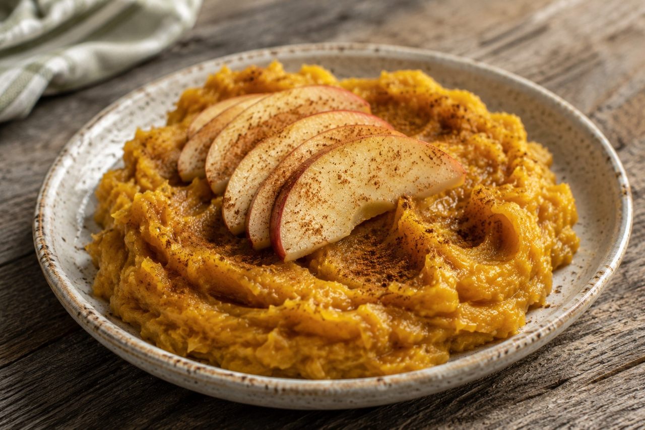 roasted acorn squash mashed with apple butter and cinnamon, a warm naturally sweet AIP side