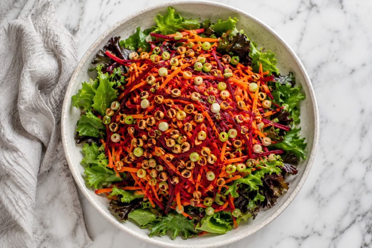 raw grated beet and carrot salad over greens with an orange ginger dressing and toasted tigernuts