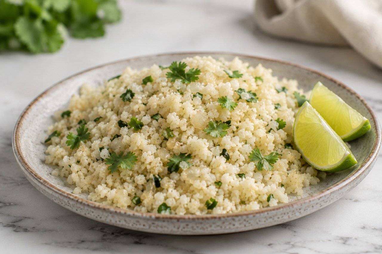 riced cauliflower sauteed with onion and simmered in coconut milk, finished with cilantro and lime, a grain-free pilaf
