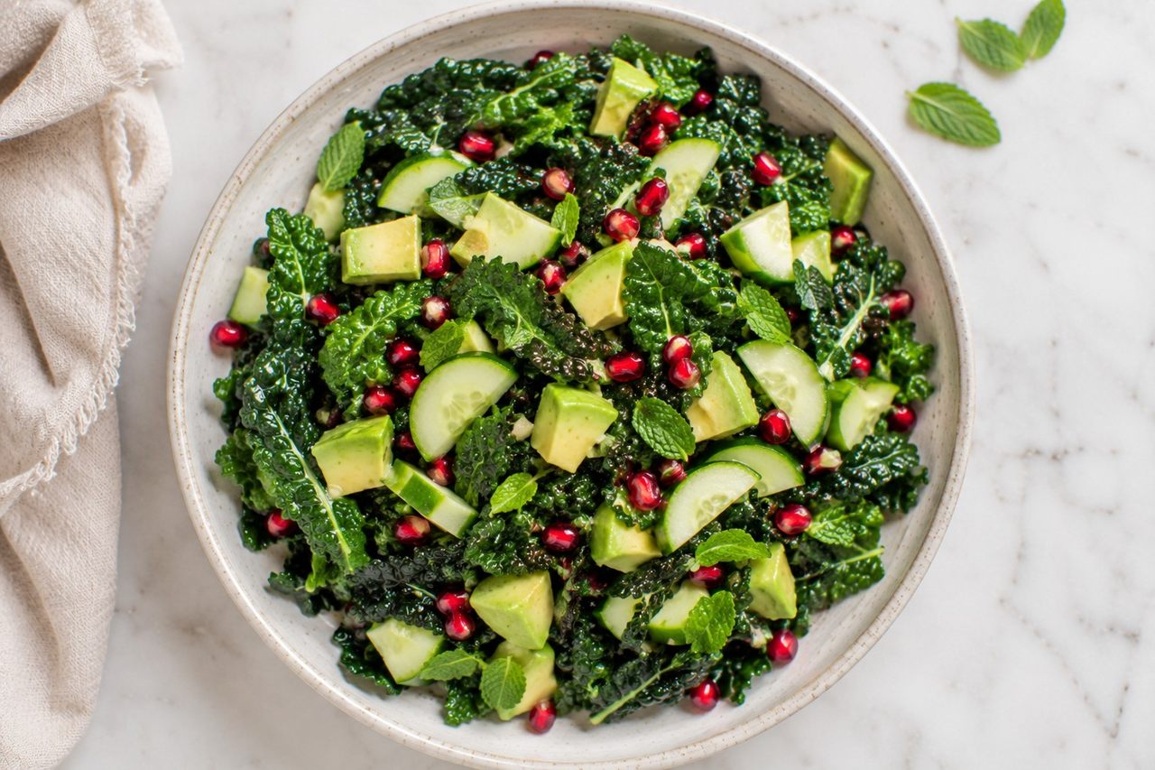 No-cook AIP salad of dino kale, avocado, pomegranate, cucumber, and mint with a lemon-garlic-honey dressing