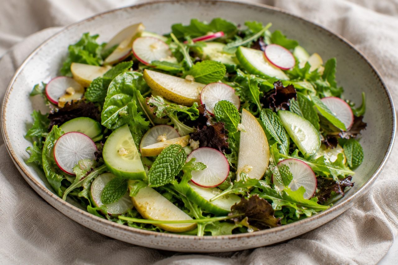 No-cook AIP salad of spring mix, arugula, cucumber, radish, and pear with a ginger-mint vinaigrette