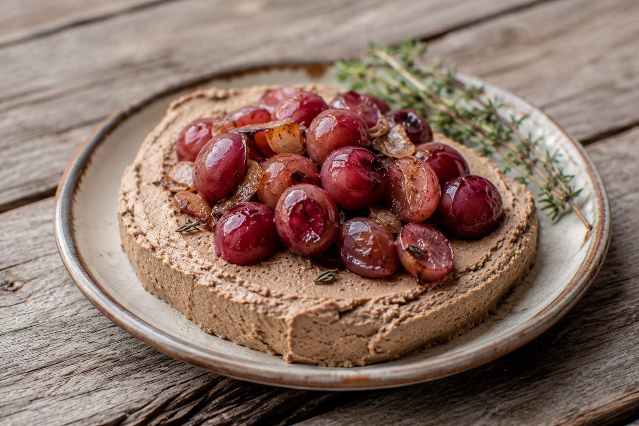 AIP beef liver pate with thyme, seared with onion and blended smooth with coconut oil, topped with roasted red grapes
