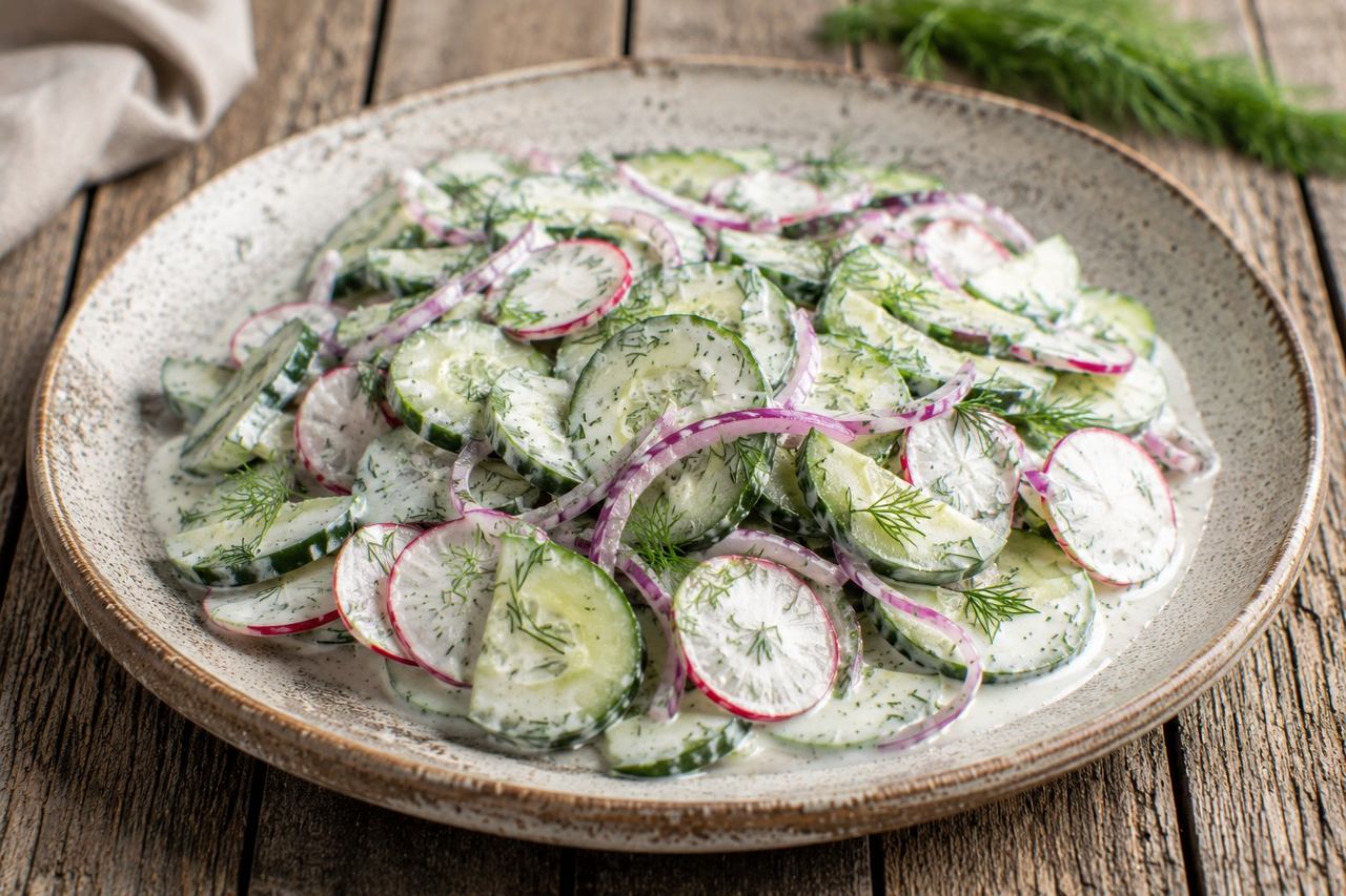 No-cook AIP salad of sliced cucumber, radish, and red onion in a creamy coconut-milk dill dressing