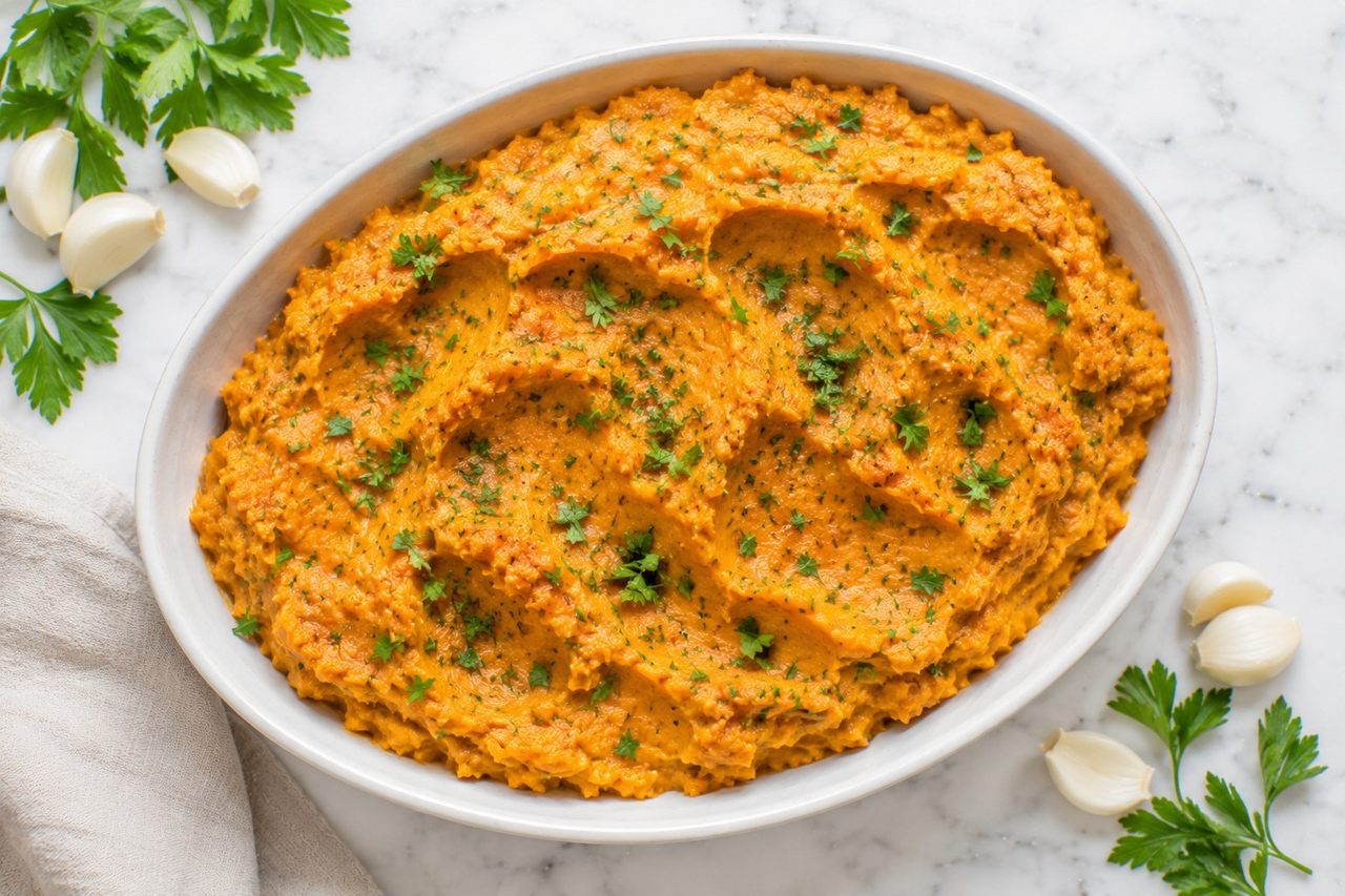 AIP garlic mashed sweet potatoes, boiled with garlic and mashed with palm shortening and parsley