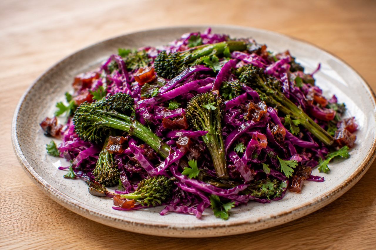 Shredded red cabbage with charred broccolette, chopped dates, and parsley, tossed in a ginger and apple cider vinegar dressing