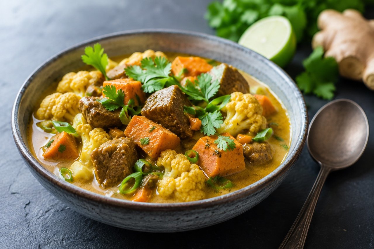 One-pot lamb curry with sweet potato and cauliflower simmered in coconut milk with ginger, garlic, turmeric, and cinnamon
