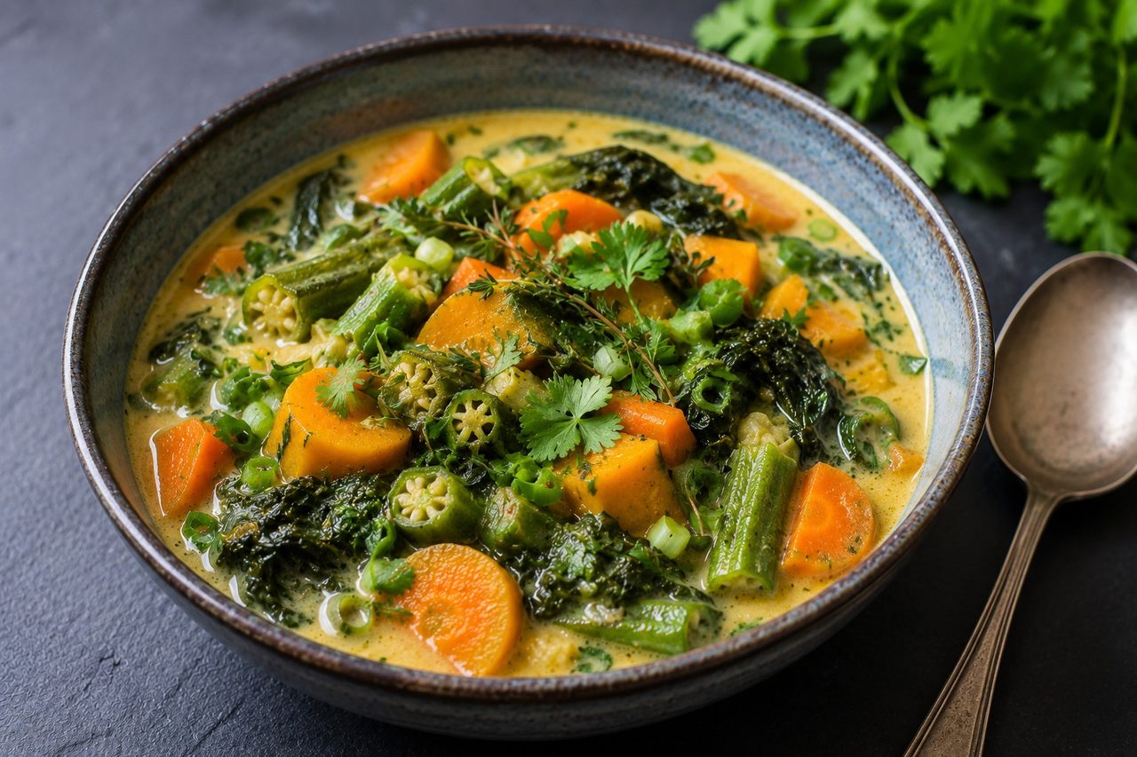 Okra, taro or spinach greens, butternut squash, and carrots braised in coconut milk with aromatics, then served as a soup or side