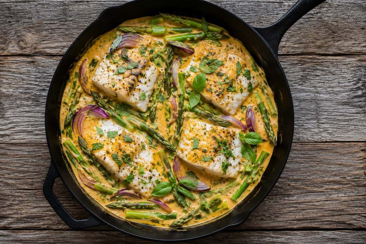 Haddock fillets baked over red onion and asparagus under a blended sweet potato, coconut milk, and herb cream sauce