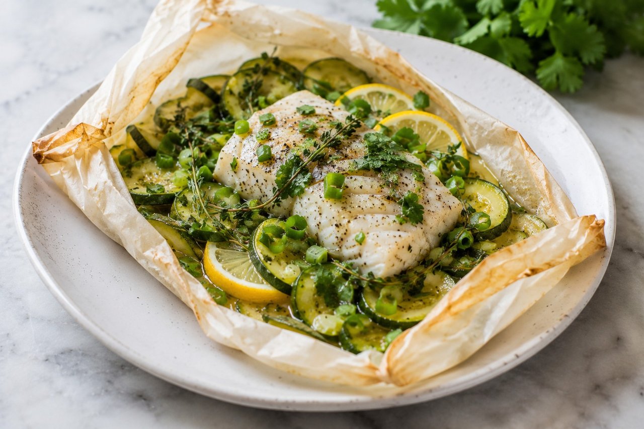 White fish baked in a folded parchment packet over zucchini and lemon with fresh herbs, steaming in its own moisture