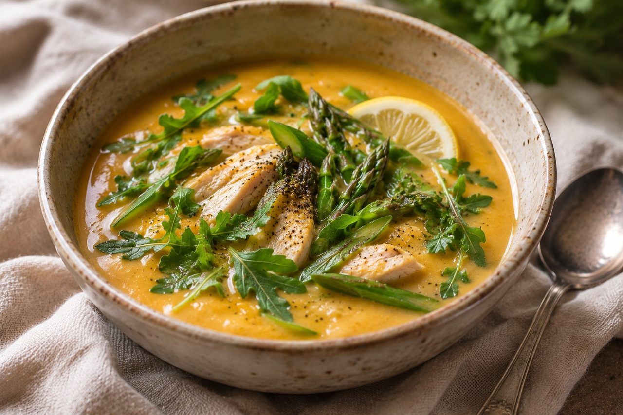 A blended chicken and asparagus soup on a sweet potato base, finished with arugula, asparagus tips, and lemon