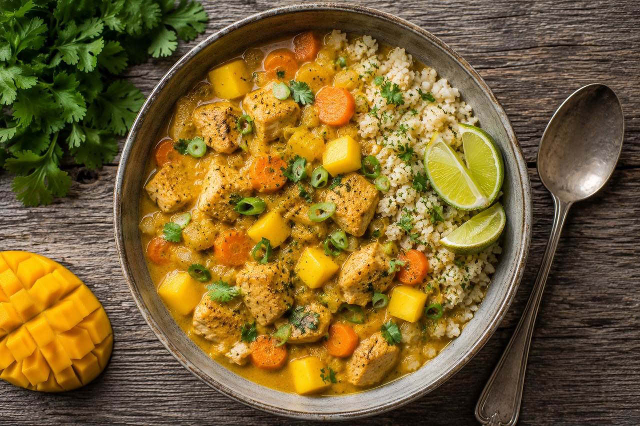 A warming curried chicken stew with cauliflower rice and mango, built on a seedless nightshade-free curry blend