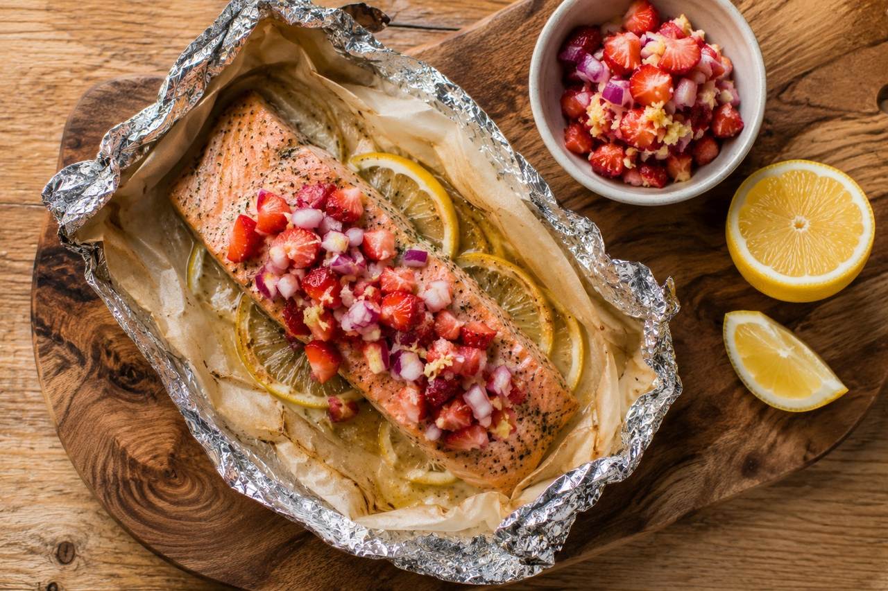 Salmon sealed in parchment-and-foil packets and grilled, served with a fresh strawberry, red onion, and ginger salsa