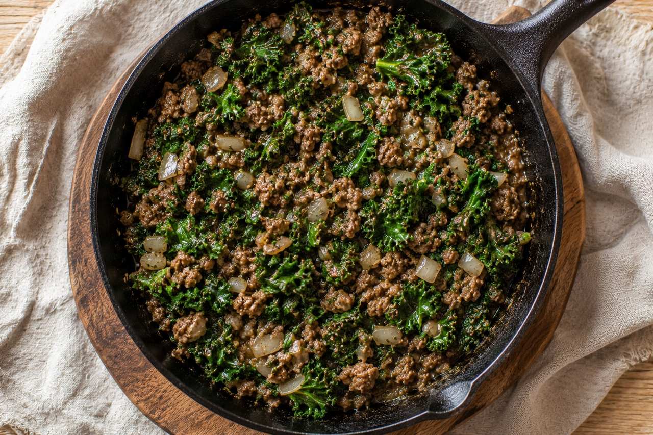 A one-pot skillet of herbed ground beef deglazed with balsamic and finished with wilted kale, ready in about half an hour