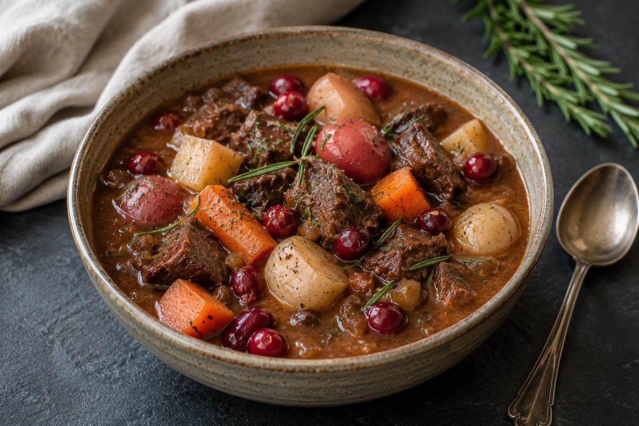 A slow-cooked beef stew with whole vegetables and broth, thickened by pureeing the softened onion and garlic back in, then finished with cranberries