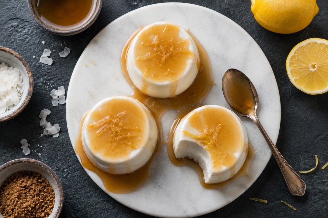 coconut milk panna cotta set with gelatin and white sweet potato, served with a lemon caramel, AIP and dairy-free