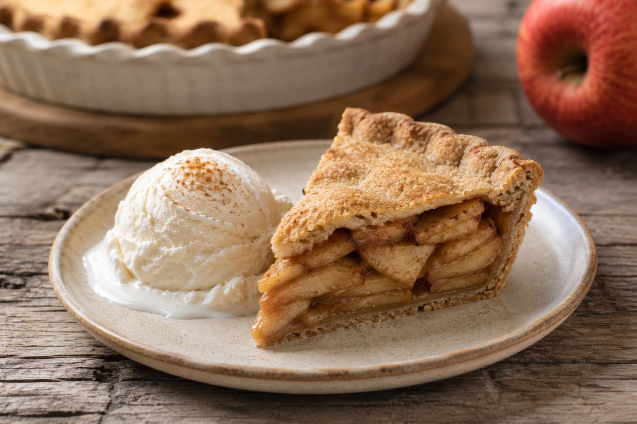 grain-free apple pie with arrowroot-coconut flour crust and lightly sweetened apple filling, plus a leftover-pie coconut milk ice cream variation