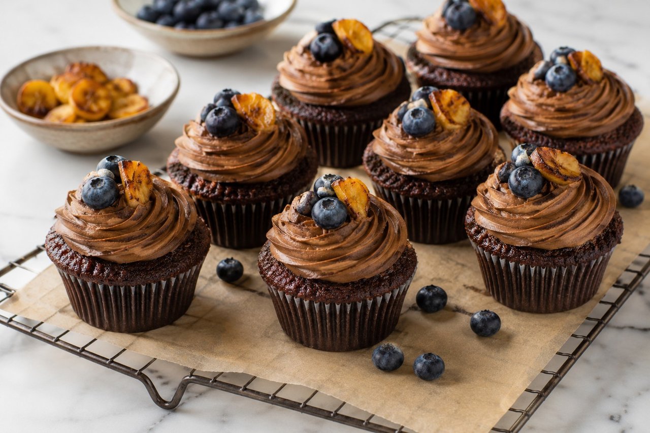 AIP carob birthday cupcakes sweetened only with plantain and blueberries, with a carob coconut-cream frosting, no added sugar