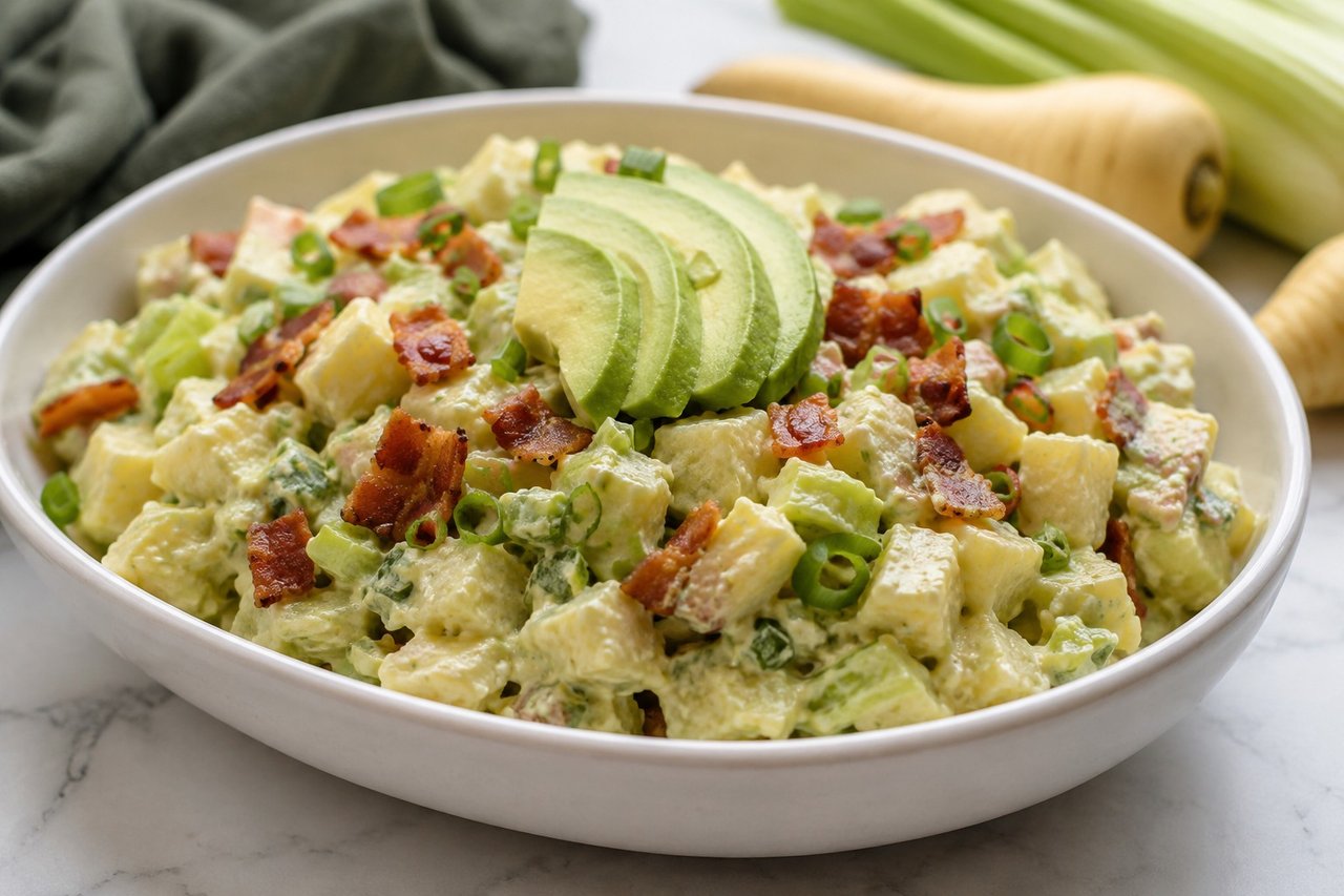 AIP parsnip-based potato salad with a creamy avocado and apple cider vinegar dressing and crispy bacon, nightshade-free and egg-free