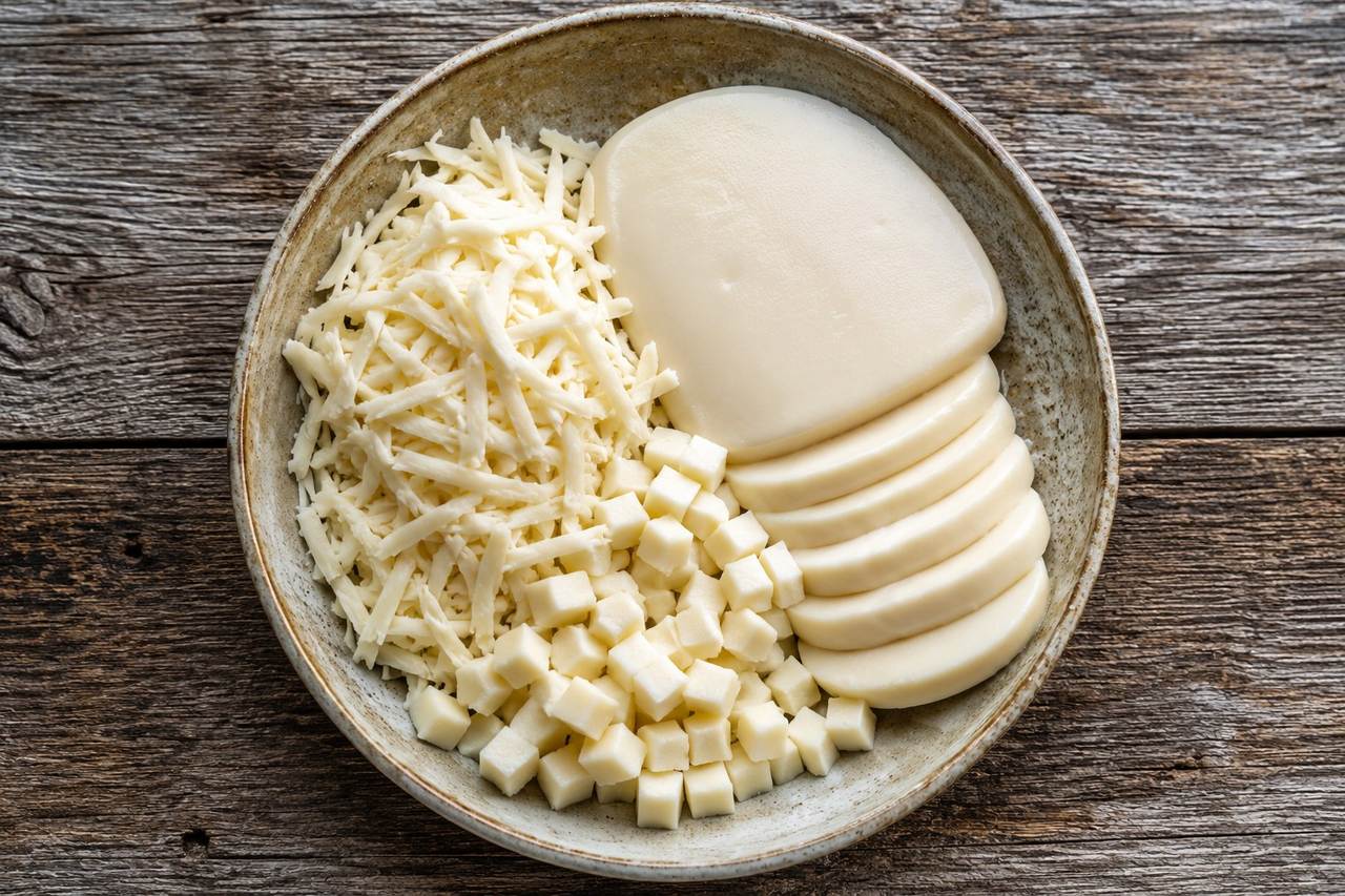 A coconut-based AIP mozzarella set with gelatin and tapioca starch, sliceable and shreddable, for use on pizza, pasta, and caprese-style dishes