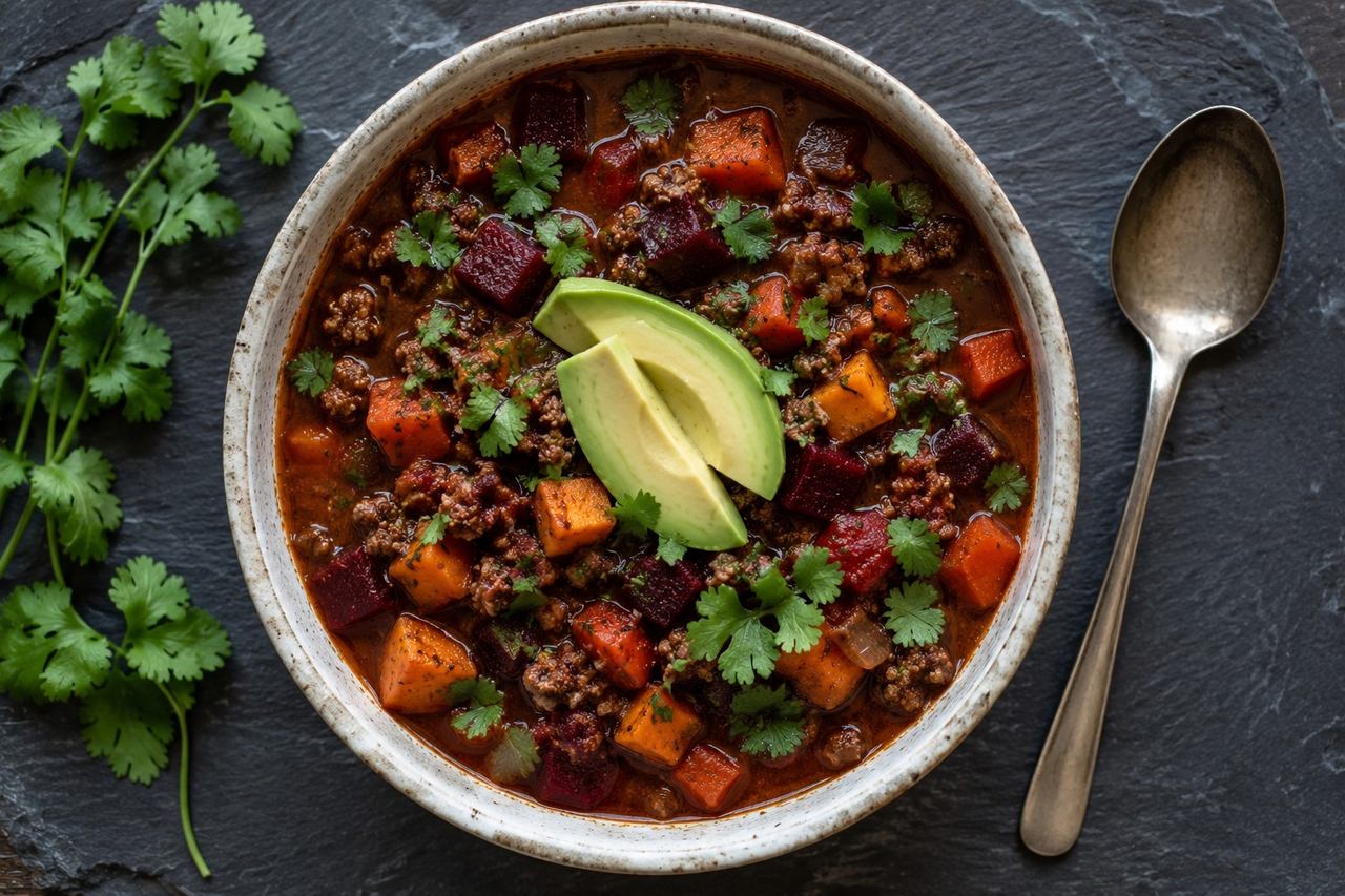 A nightshade-free chili built with ground beef, beet, sweet potato, and carrots in bone broth, made in the Instant Pot or slow cooker
