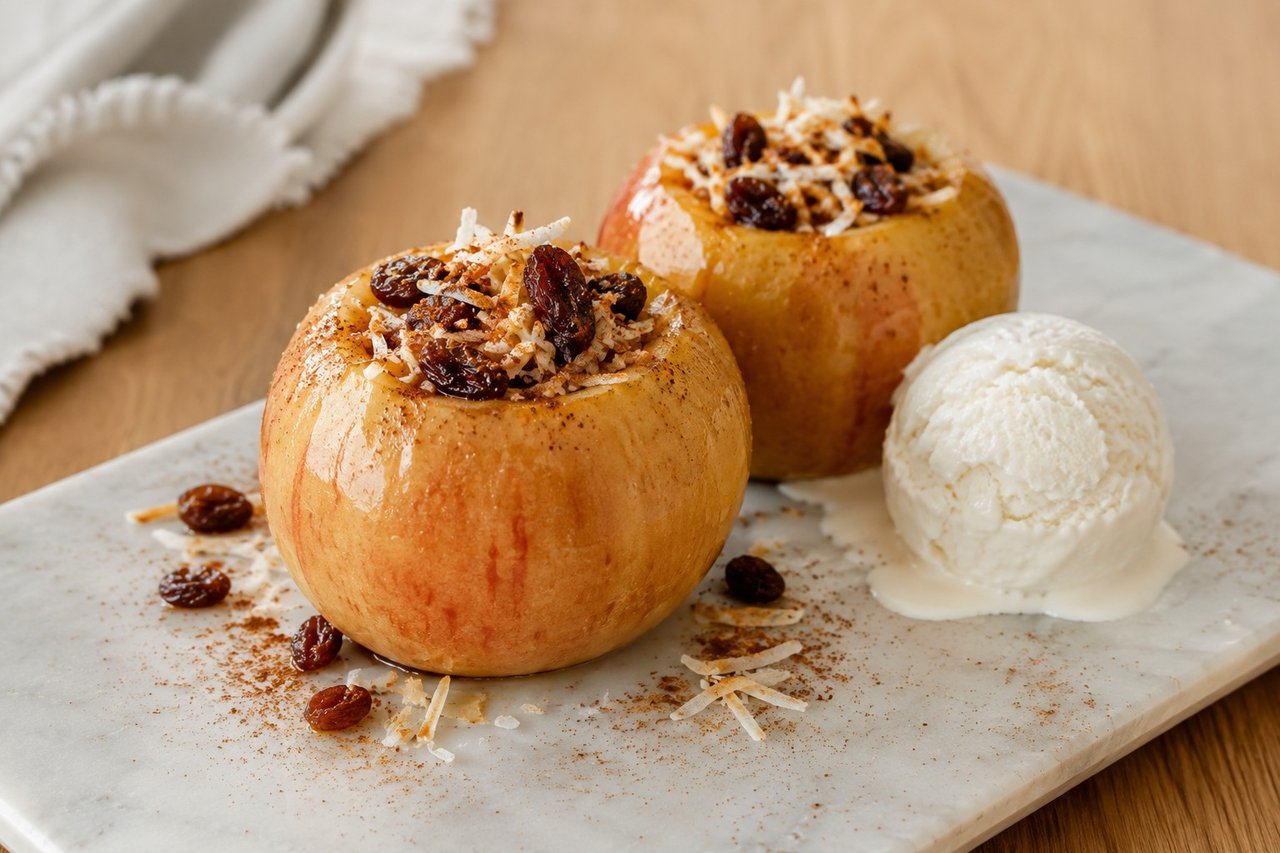 Air fryer baked apples with ghee or coconut oil, cinnamon, raisins, and shredded coconut (AIP swap for almonds), served with coconut cream or coconut ice cream