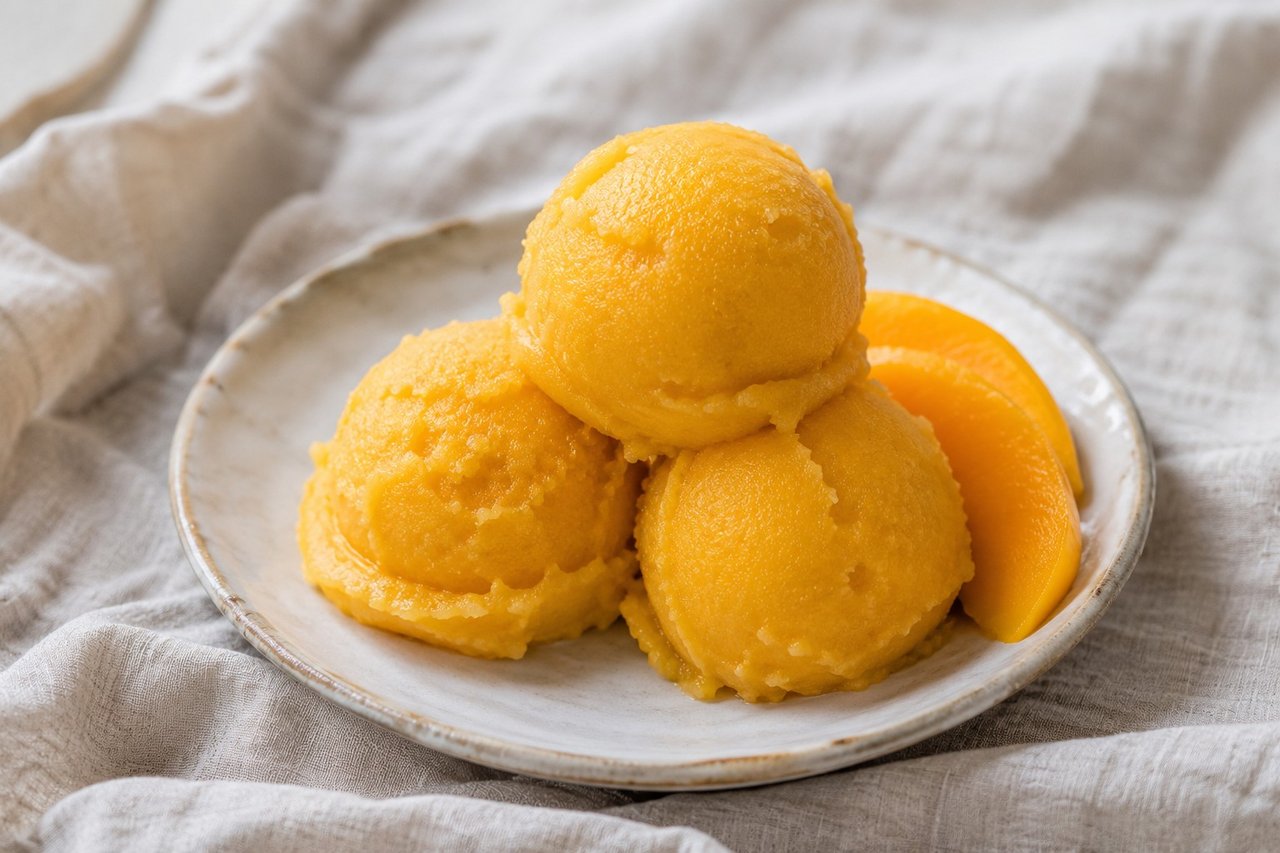 two-ingredient mango sorbet made in the Ninja Creami with fresh ataulfo mango and orange juice
