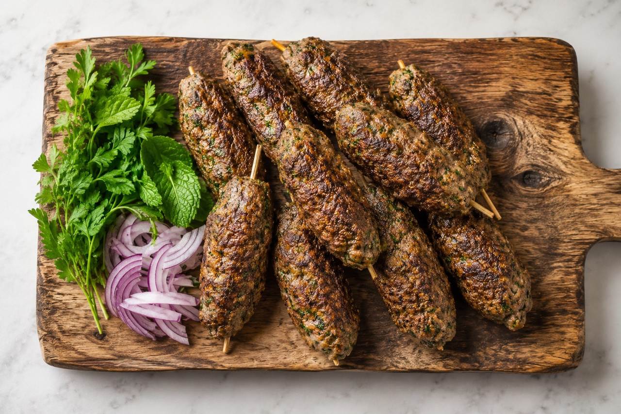 ground lamb kebabs spiced with mace and turmeric and blended with fresh herb paste, seared in a pan