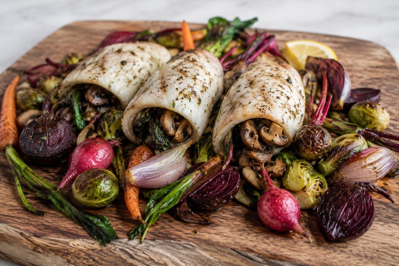 flounder fillets rolled around a mushroom and roasted-greens filling, baked on a bed of seasonal root vegetables
