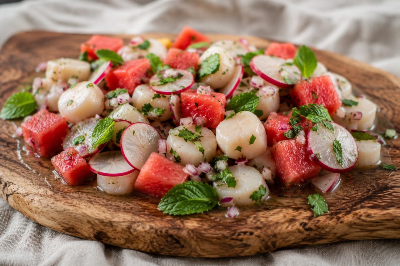 no-cook ceviche of bay scallops cured in lemon and lime juice, folded with watermelon, radish, and fresh herbs