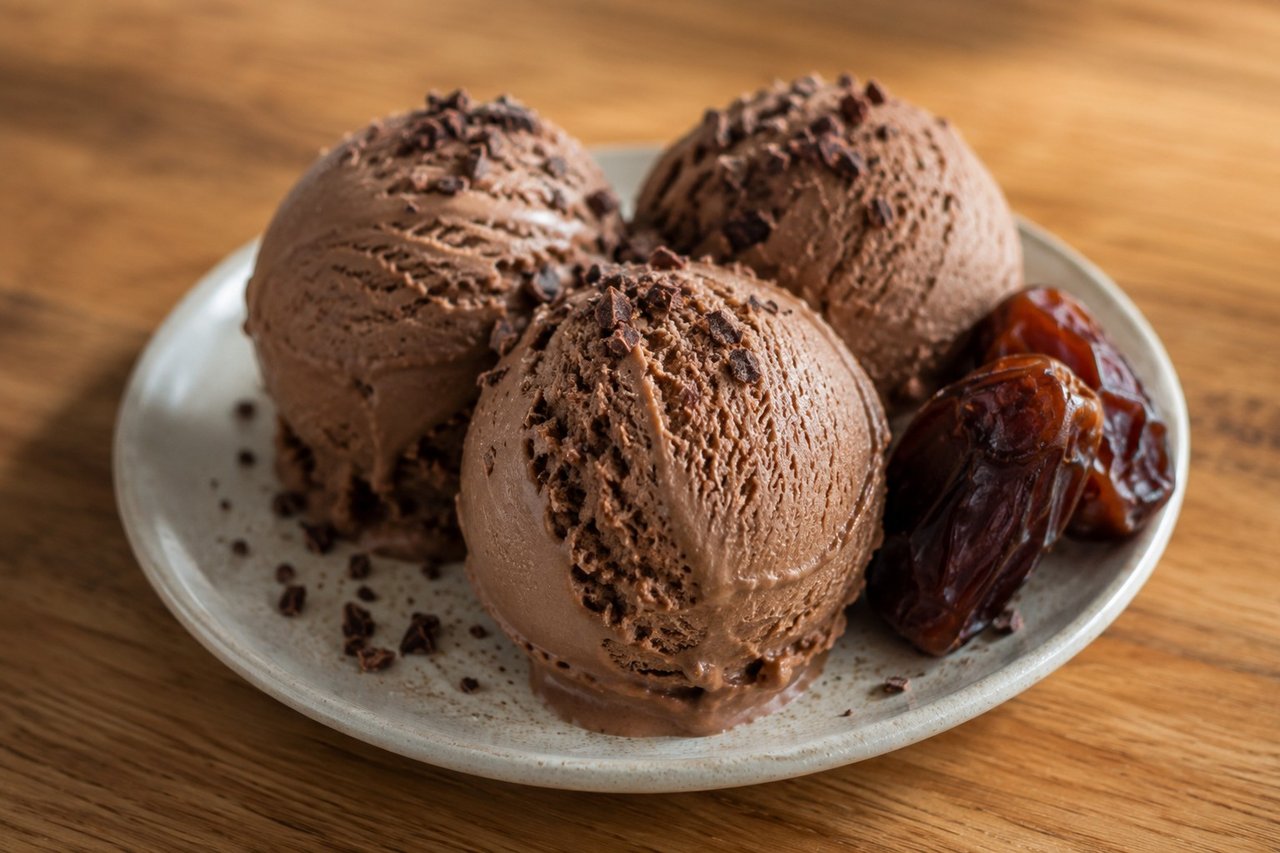 AIP vegan frozen dessert made from coconut milk, medjool dates, and roasted carob powder, churned to a smooth ice cream