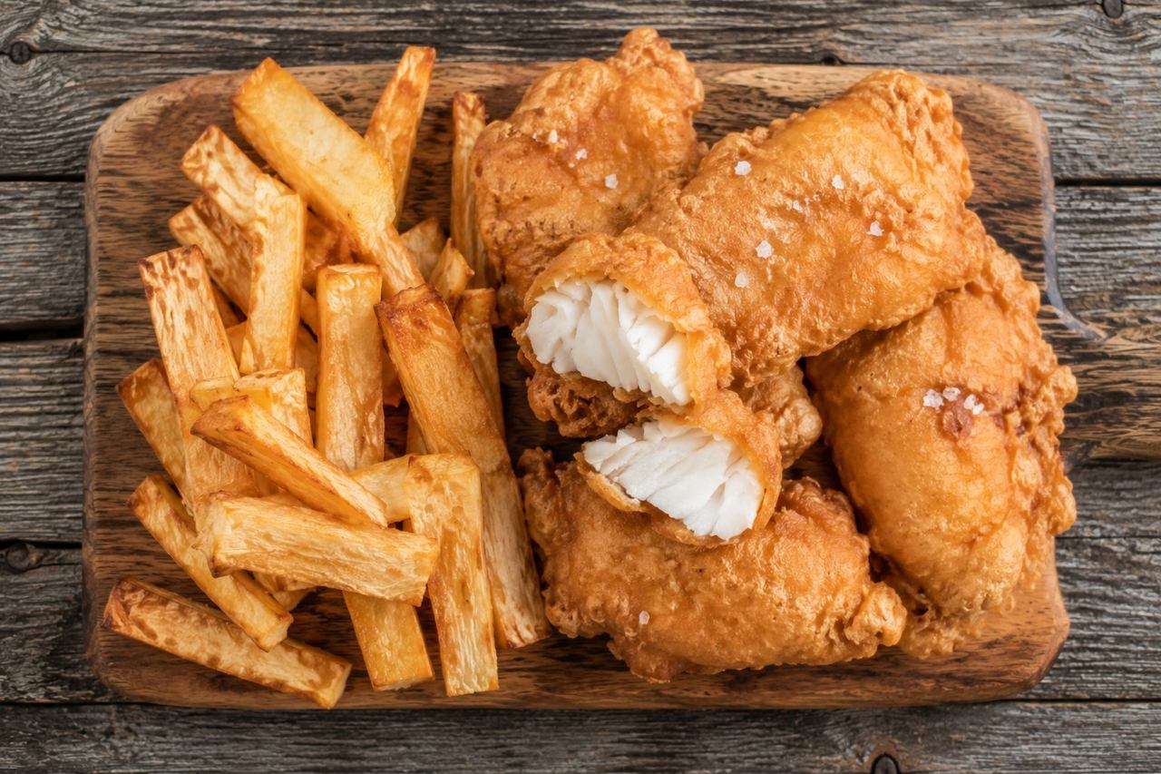 AIP fish and chips made with cassava-flour batter deep-fried in avocado oil, served with yuca fries