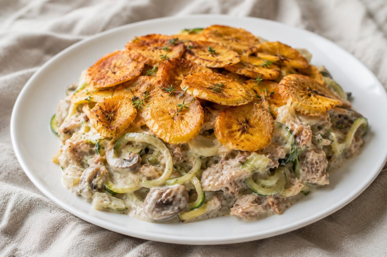AIP tuna noodle casserole made with zucchini noodles, coconut milk gravy, and a plantain chip topping