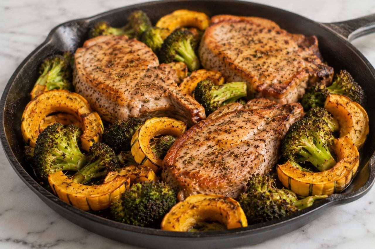 AIP sheet-pan dinner with bone-in pork chops, delicata squash, and broccoli seasoned with thyme