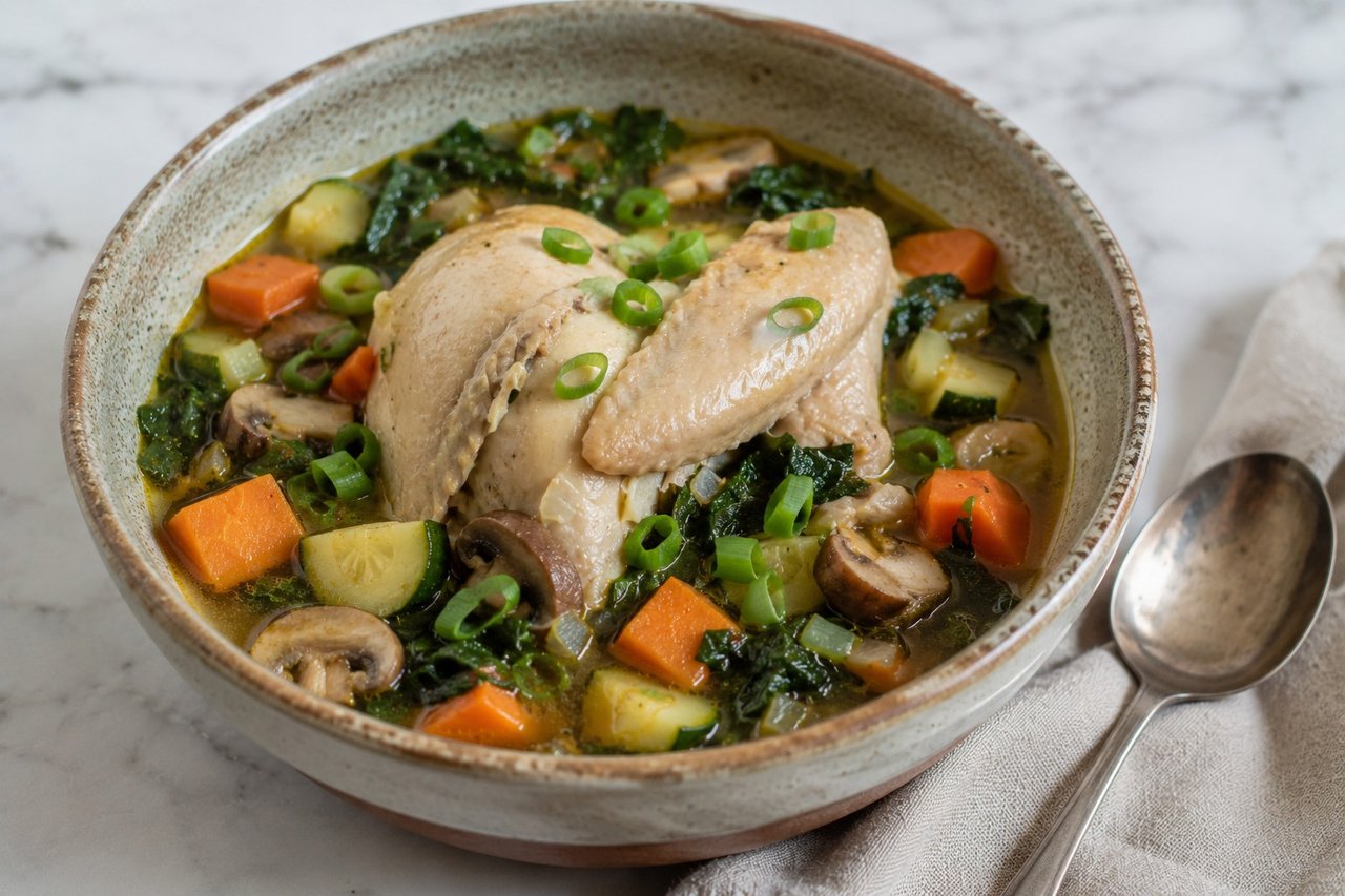 Green breakfast soup with whole poached chicken, sweet potato, zucchini, Swiss chard, mushrooms, and ginger broth, from The Autoimmune Wellness Handbook