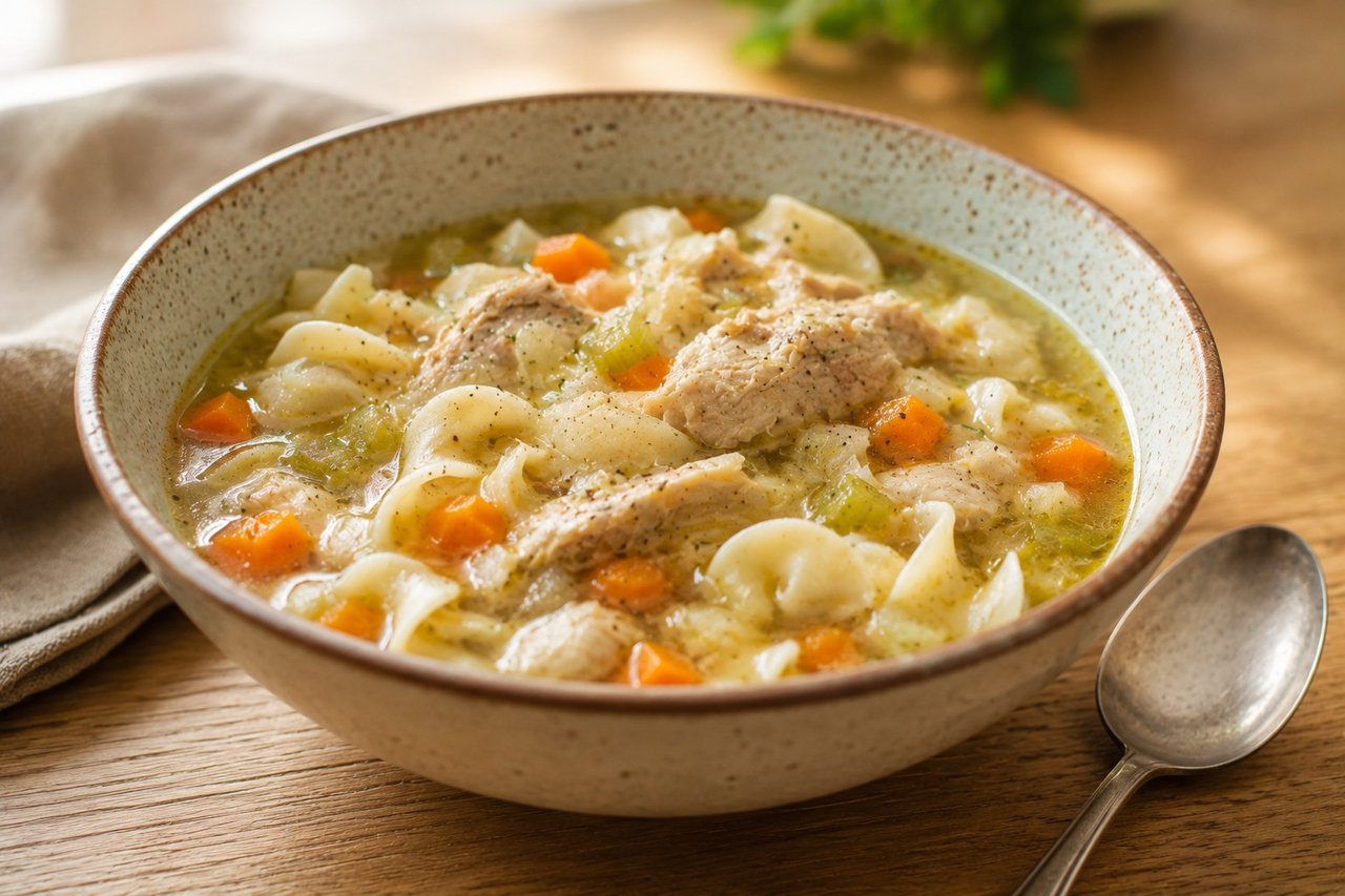 AIP chicken noodle soup made in the Instant Pot with cassava pasta and bone-in chicken thighs