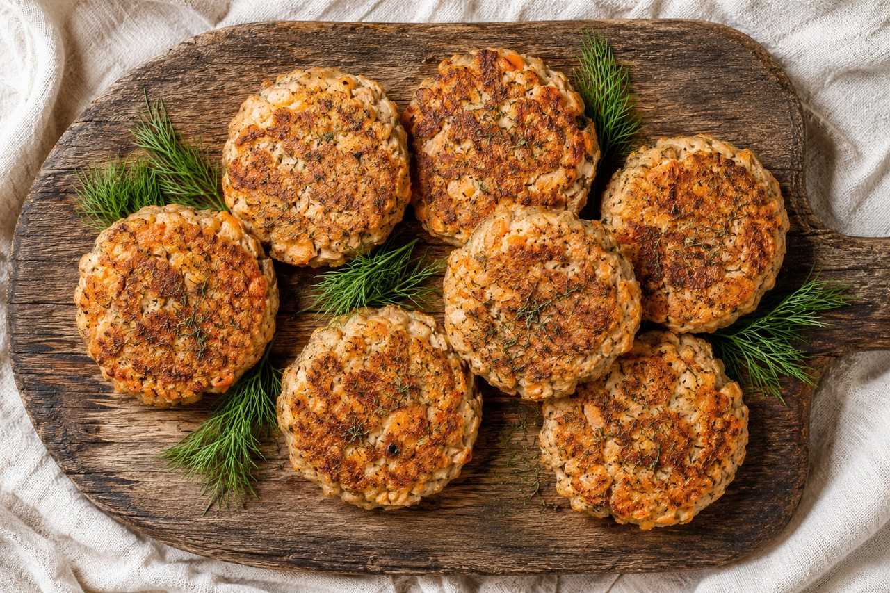 AIP salmon patties pan-fried with tigernut butter, grated carrot, pumpkin, and gelatin as egg replacement