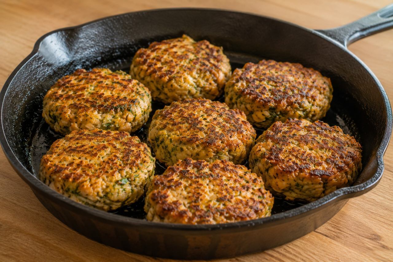 AIP egg-free salmon patties made with canned salmon, pumpkin, coconut flour, tapioca starch, and AIP-compliant pesto