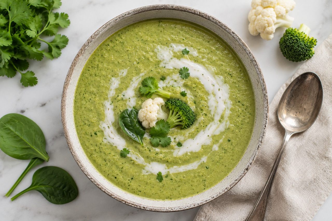 blended AIP green soup made in the Instant Pot with cauliflower, broccoli, spinach, cilantro, and coconut milk