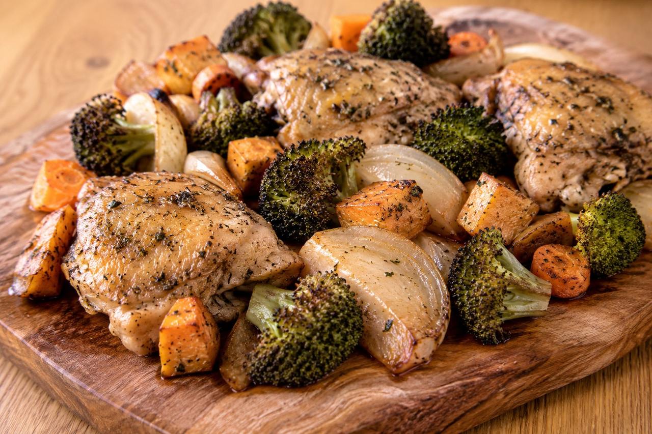 one-pan chicken thighs and vegetables roasted in an AIP Italian herb marinade