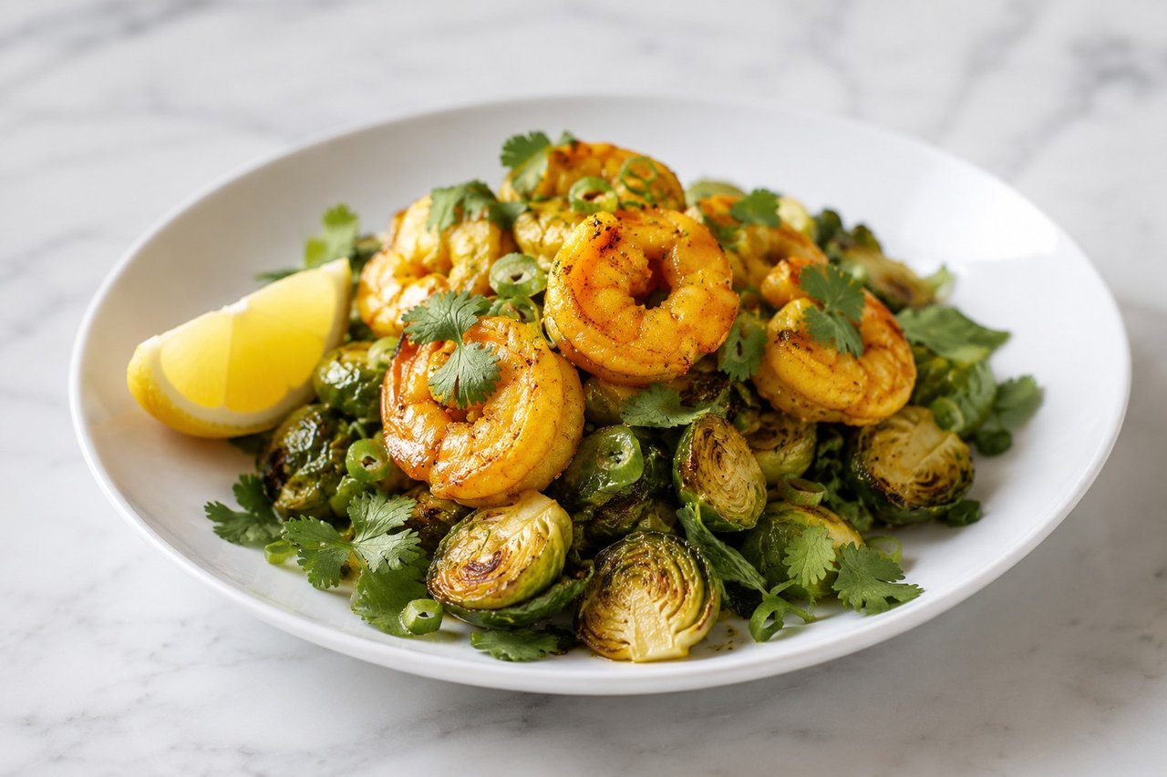 Roasted turmeric shrimp with Brussels sprout and cilantro salad