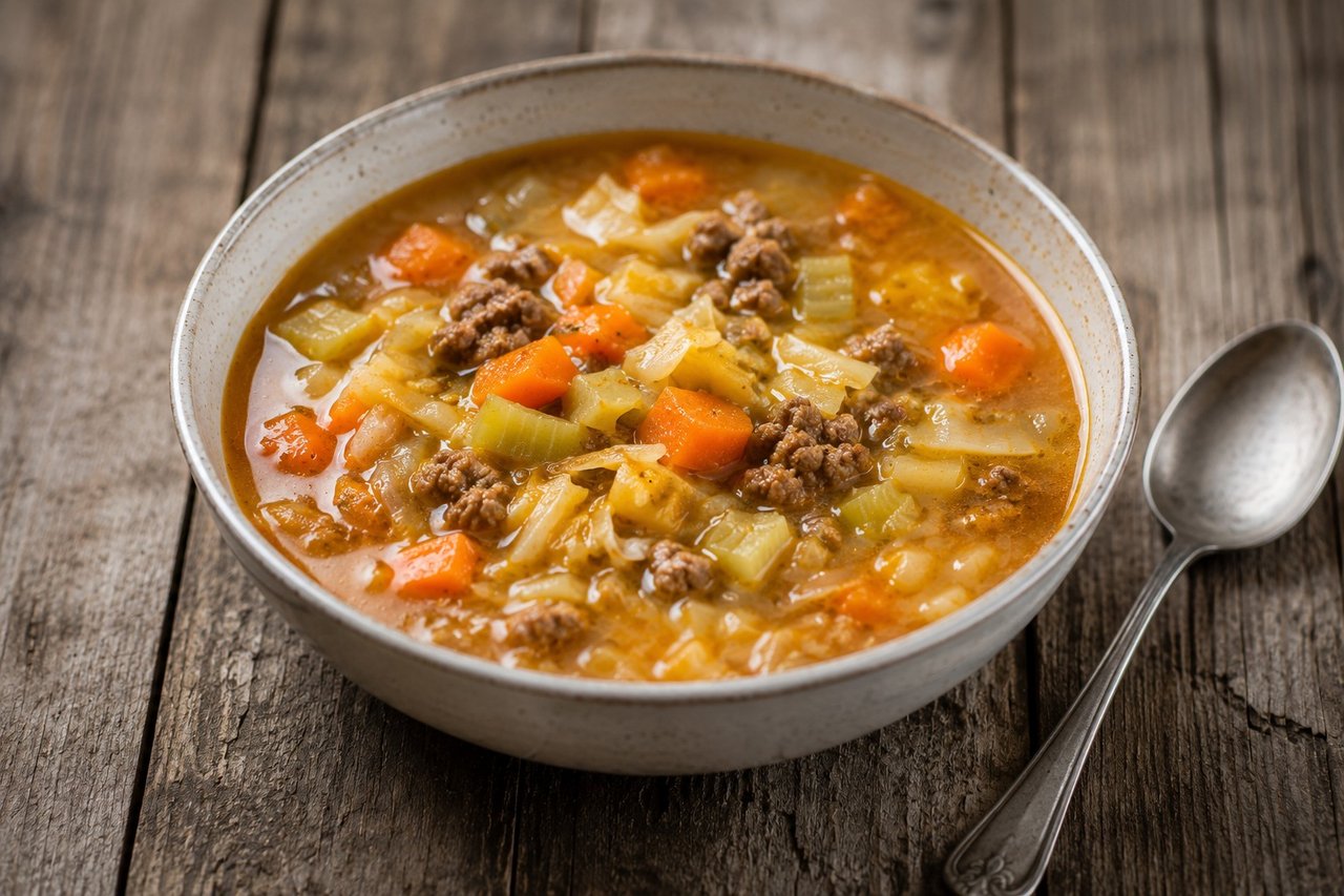 Ground beef and cabbage soup with pumpkin