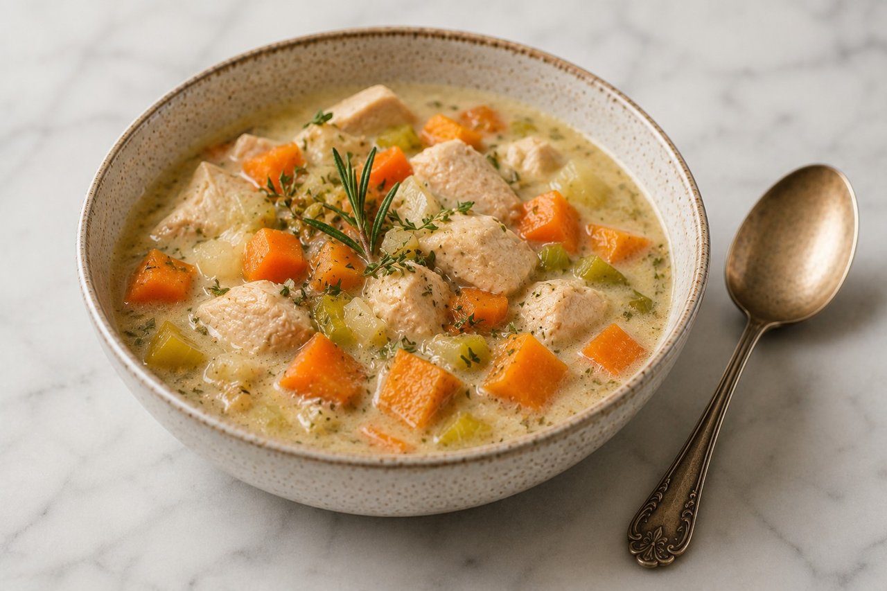 Instant Pot chicken stew with root vegetables, rosemary, and thyme