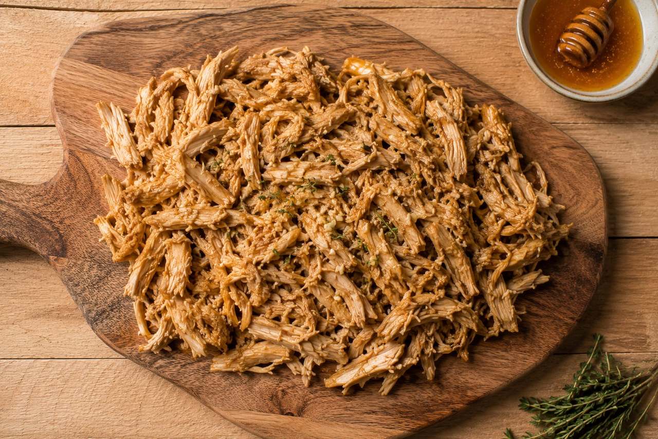 Instant Pot honey garlic shredded chicken with coconut aminos and apple cider vinegar